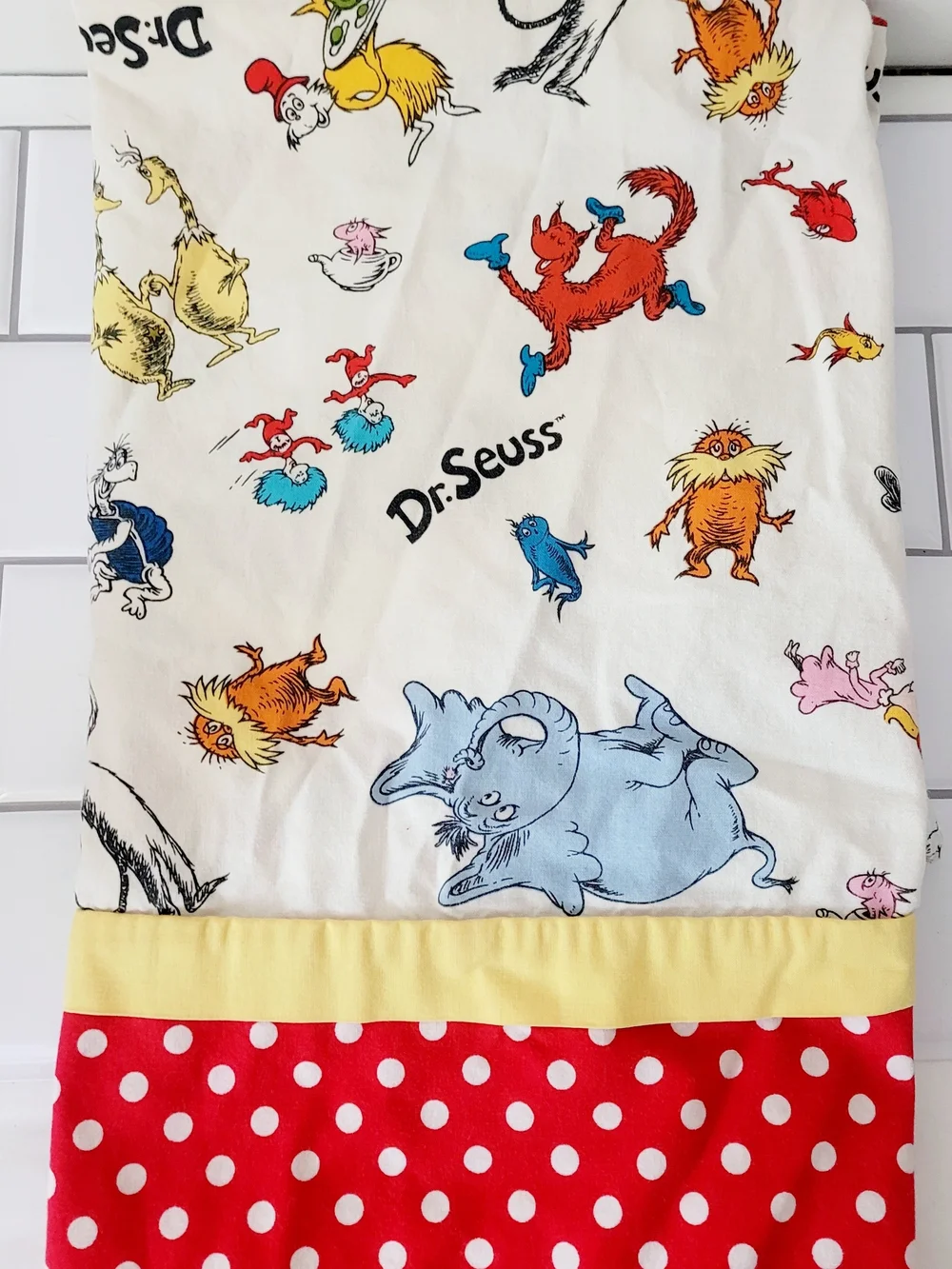 Dr. Seuss Kids Pillowcase with Polka Dot Red & Yellow Trim